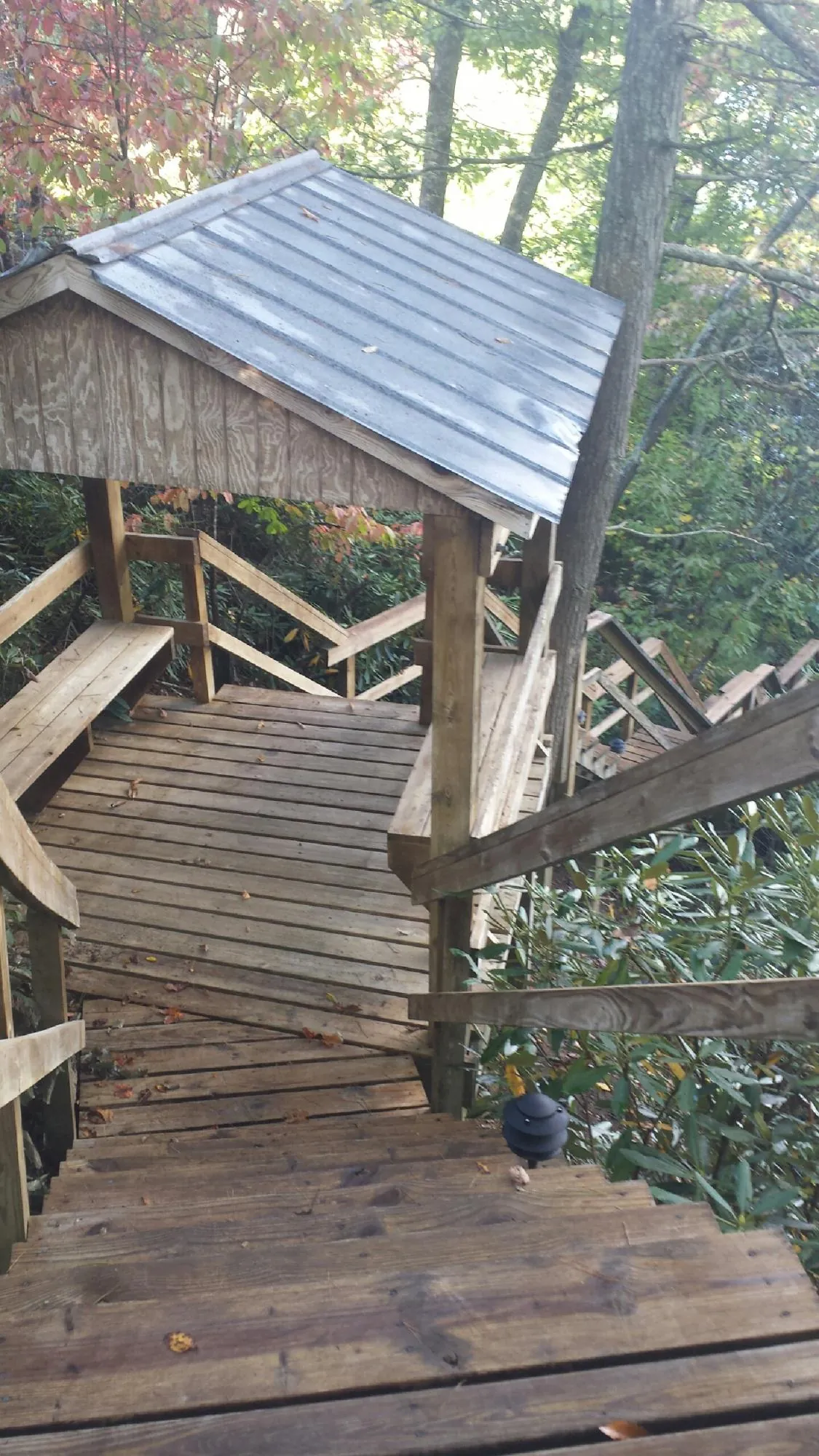 Metal roofed shelter over wooden steps on a wooded walkway — Skylight Repair & Installation work by our crew in Horicon